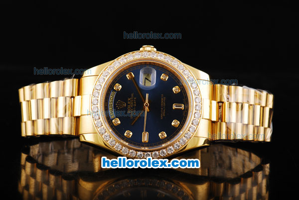 Rolex Day Date II Automatic Movement Full Gold with Diamond Bezel-Blue Dial and Diamond Markers - Click Image to Close